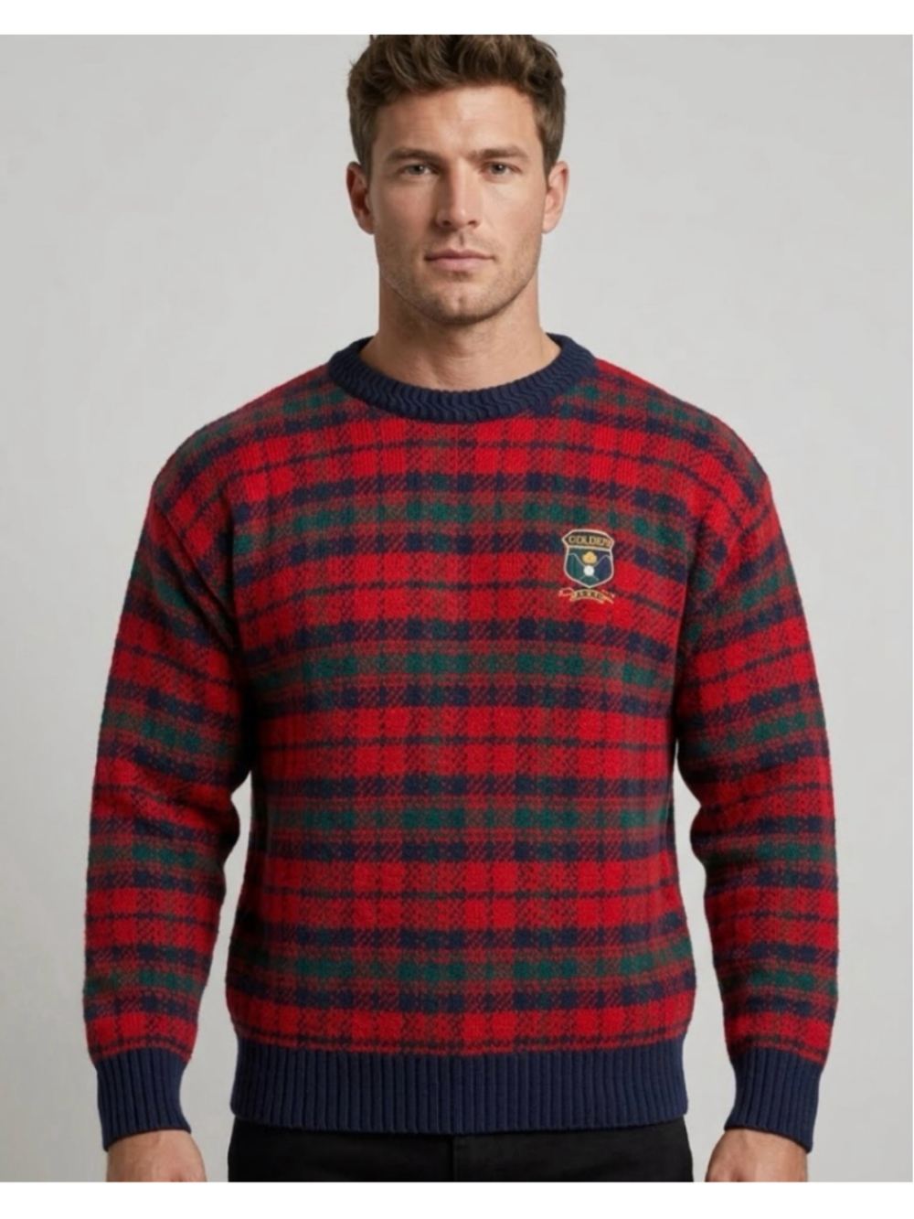 VTG Chicos Golden Bear Jack Nicklaus Plaid Knit Golf Sweater Crest Mens M 2160